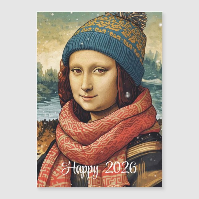 Mona Lisa  in beanie  - Happy 2026 magnetic card (Front)