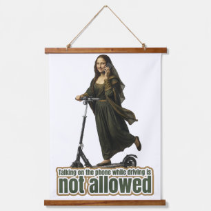 Mona Lisa on the phone riding a kick scooter Hanging Tapestry