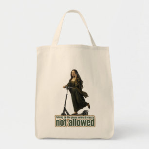 Mona Lisa on the phone riding a kick scooter Tote Bag