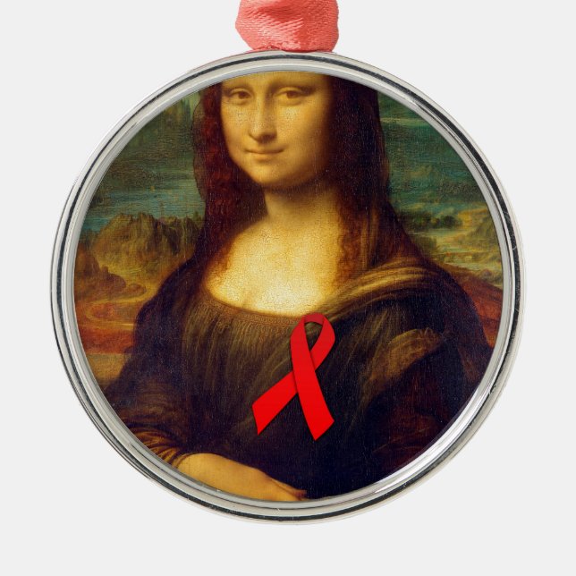 Mona Lisa Red Ribbon Metal Tree Decoration (Front)