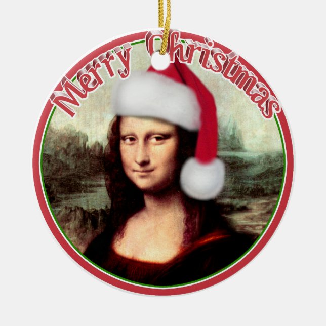 Mona Lisa Santa Hat Christmas Ceramic Tree Decoration (Front)