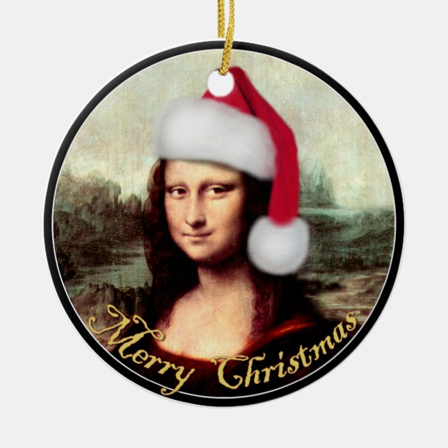 Mona Lisa Santa Hat Christmas Ceramic Tree Decoration (Front)