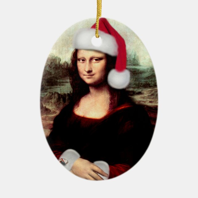 Mona Lisa Santa Hat Christmas Ceramic Tree Decoration (Front)