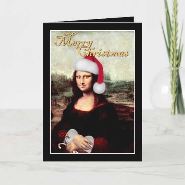 Mona Lisa Santa Hat Christmas Holiday Card (Front)