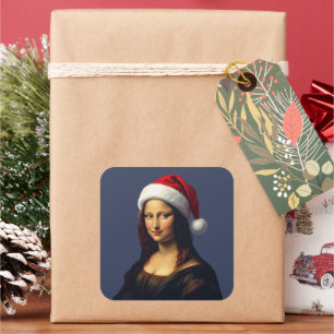 Mona Lisa Santa Hat Christmas Holiday Cut Out Square Sticker