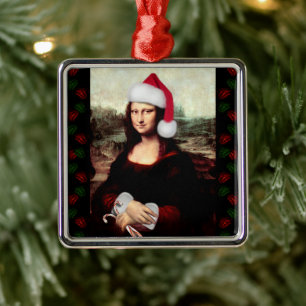 Mona Lisa Santa Hat Christmas Metal Tree Decoration