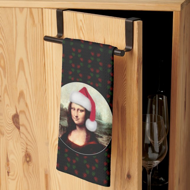Mona Lisa Santa Hat Christmas Tea Towel (Thirds Fold)