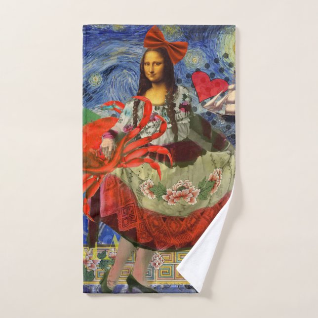 Mona Lisa Starry Night Collage: Whimsical Surreal  Bath Towel Set (Hand Towel)