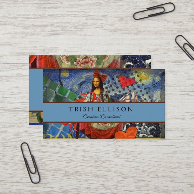 Mona Lisa Starry Night Collage: Whimsical Surreal  Business Card (Front/Back In Situ)