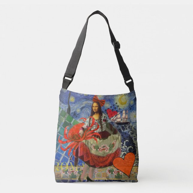 Mona Lisa Starry Night Collage: Whimsical Surreal  Crossbody Bag (Front)