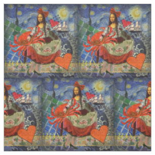 Mona Lisa Starry Night Collage: Whimsical Surreal Fabric