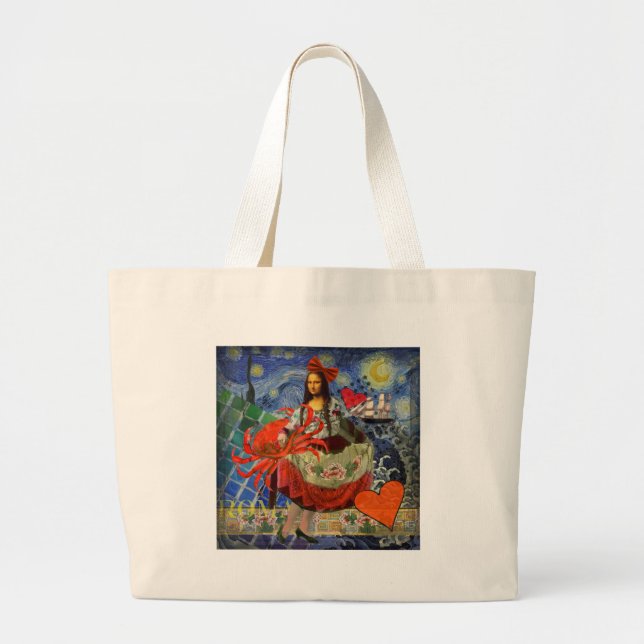 Mona Lisa Starry Night Collage: Whimsical Surreal  Large Tote Bag (Front)