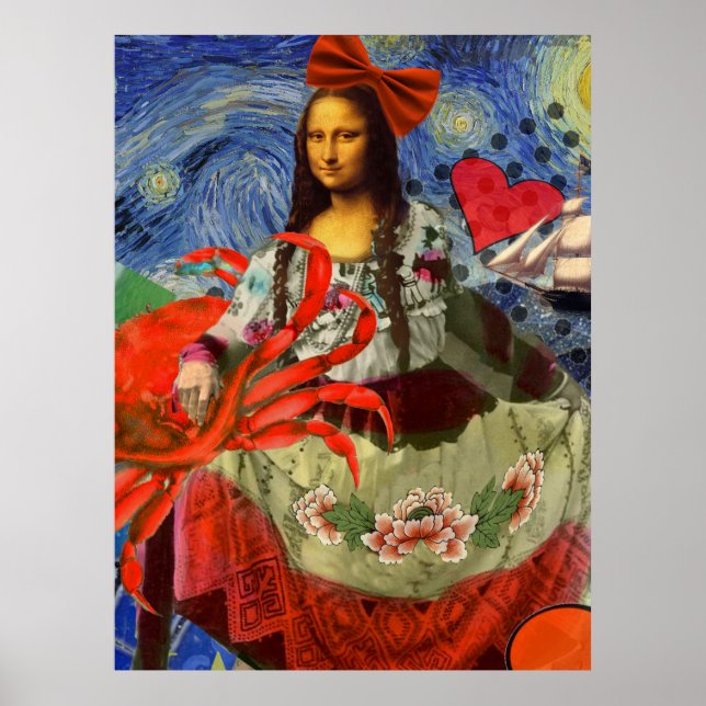 Mona Lisa Starry Night Collage: Whimsical Surreal  Poster (Front)
