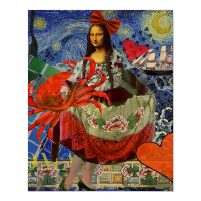 Mona Lisa Starry Night Collage: Whimsical Surreal  Poster (Front)