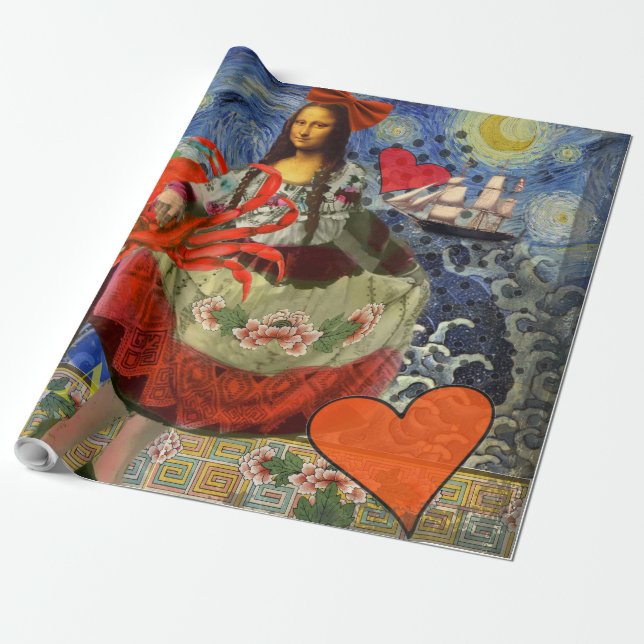 Mona Lisa Starry Night Collage: Whimsical Surreal  Wrapping Paper (Unrolled)