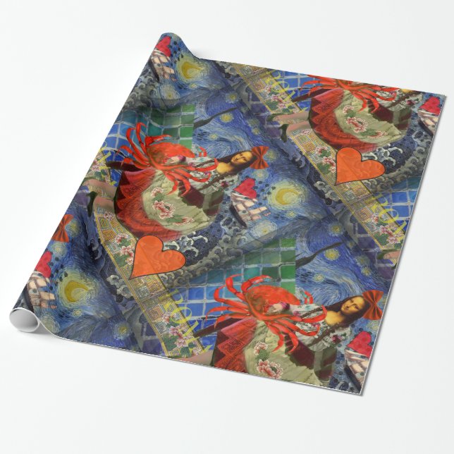 Mona Lisa Starry Night Collage: Whimsical Surreal  Wrapping Paper (Unrolled)