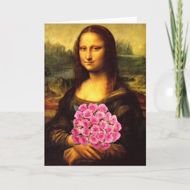 Mona Lisa With Bouquet Of Pink Roses Card (Front)