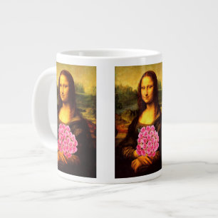 Mona Lisa With Bouquet Of Pink Roses Large Coffee Mug