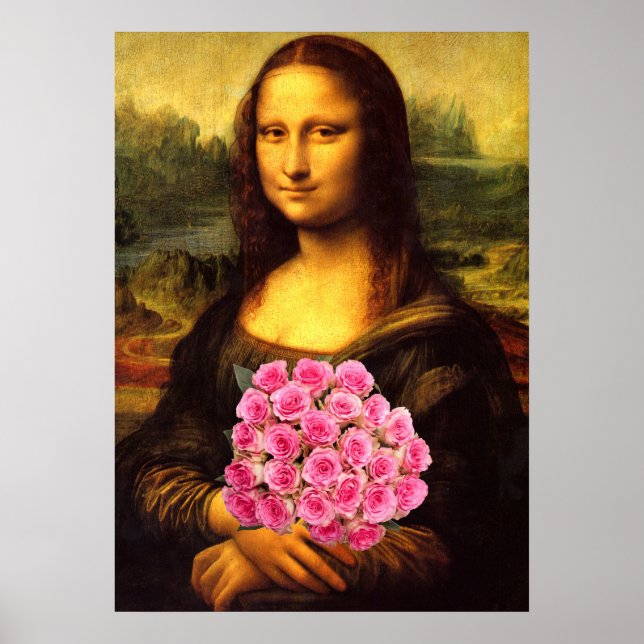 Mona Lisa With Bouquet Of Pink Roses Poster (Front)