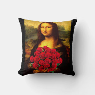 Mona Lisa With Bouquet Of Red Roses Cushion