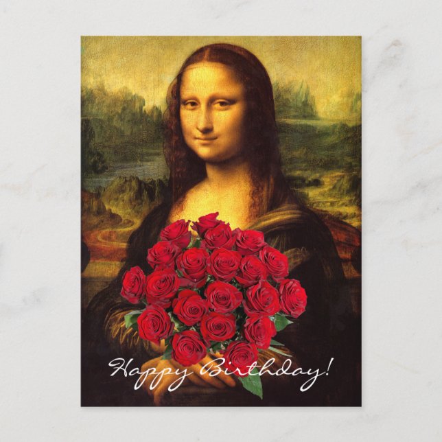 Mona Lisa With Bouquet Of Red Roses Postcard (Front)