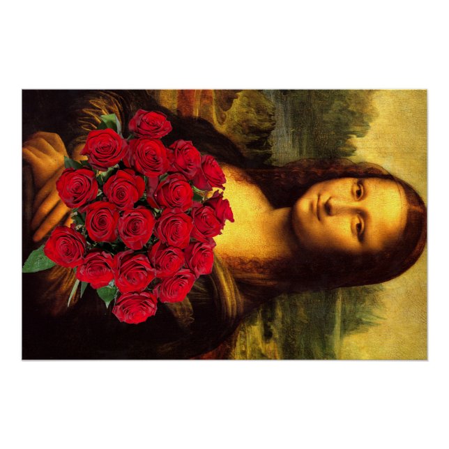 Mona Lisa With Bouquet Of Red Roses Poster (Front)