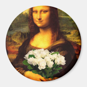 Mona Lisa With Bouquet Of White Roses Magnet