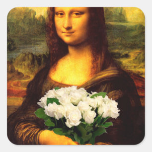 Mona Lisa With Bouquet Of White Roses Square Sticker