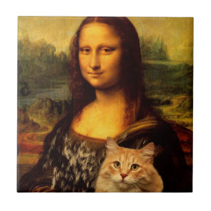 Mona Lisa with her pet, Cat fur Cat pet lovers Tile