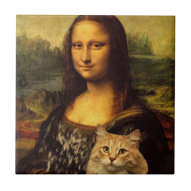 Mona Lisa with her pet, Cat fur Cat pet lovers Tile (Front)