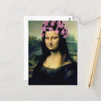 Mona Lisa with pink hair rollers Leonardo da Vinci Postcard