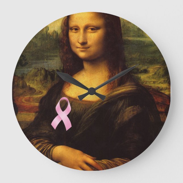 Mona Lisa With Pink Ribbon Large Clock (Front)