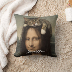 Mona Lisa With Sleeping Cat Cushion