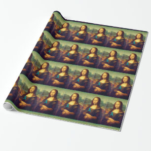 Mona Lisa With Teal Ribbon Wrapping Paper