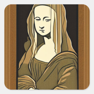 Mona Lisa Wood Carving Style Sepia Line Art Square Sticker