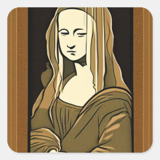 Mona Lisa Wood Carving Style Sepia Line Art Square Sticker