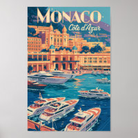 Monaco Cote D Azur Illustration Travel Art Vintage