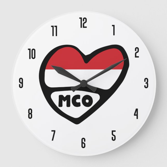 Monaco Country Code MCO Flag Heart Large Clock (Front)