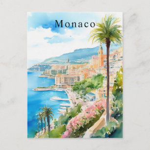 Monaco Watercolor Retro Travel Mediterranean Postcard