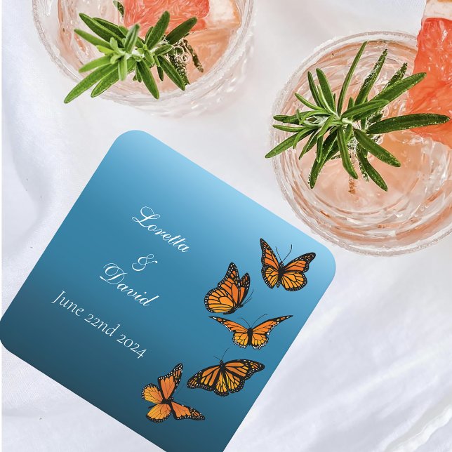 Monarch Butterflies Blue Ombre Square Paper Coaster (Creator Uploaded)