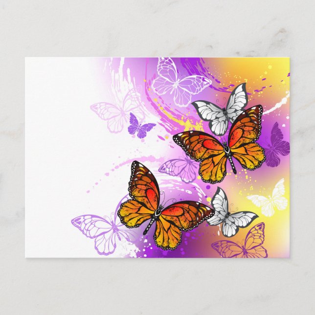 Monarch Butterflies on Purple Background Announcement Postcard (Front)