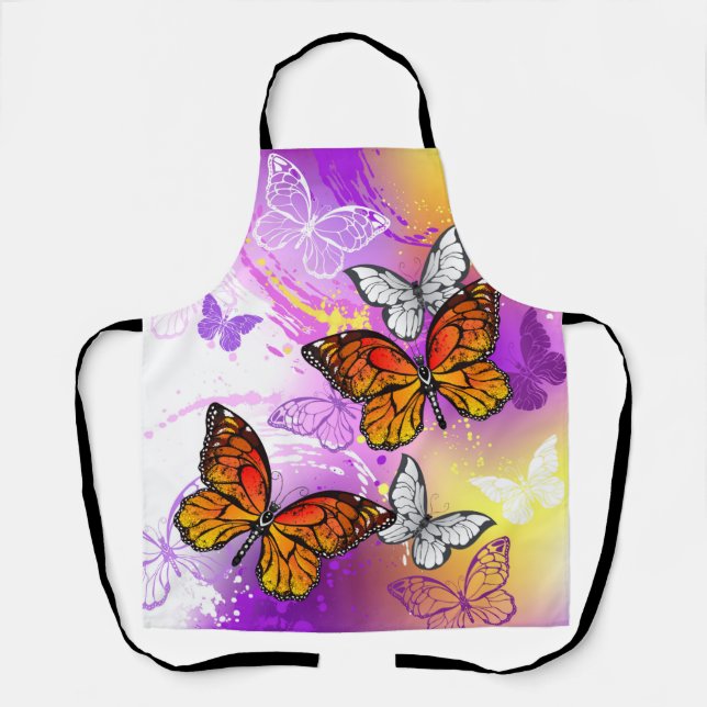 Monarch Butterflies on Purple Background Apron (Front)