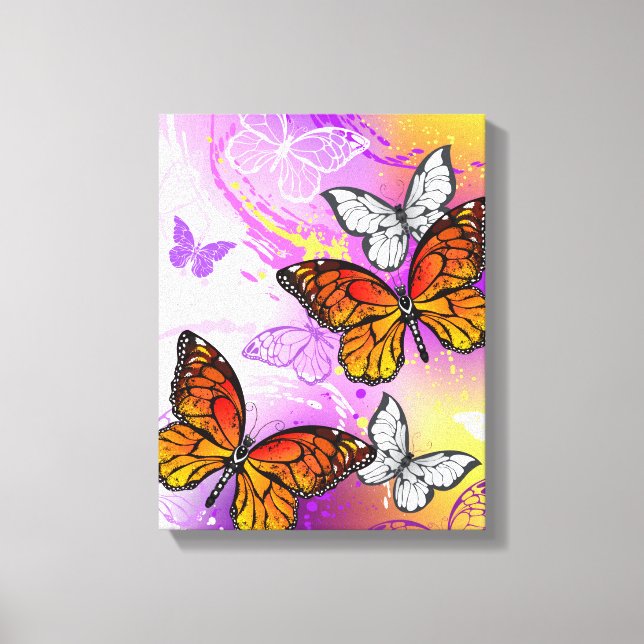 Monarch Butterflies on Purple Background Canvas Print (Front)