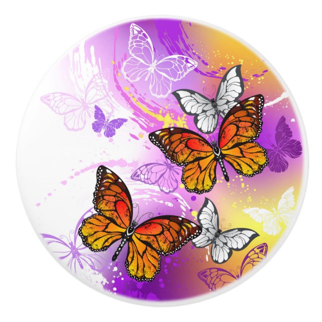 Monarch Butterflies on Purple Background Ceramic Knob (Front)