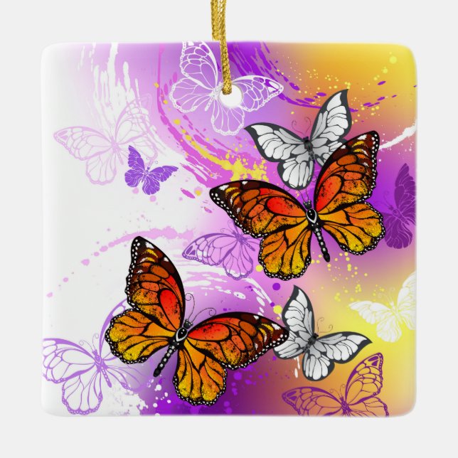 Monarch Butterflies on Purple Background Ceramic Ornament (Front)