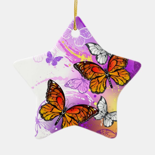 Monarch Butterflies on Purple Background Ceramic Tree Decoration (Front)