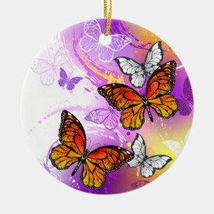 Monarch Butterflies on Purple Background Ceramic Tree Decoration