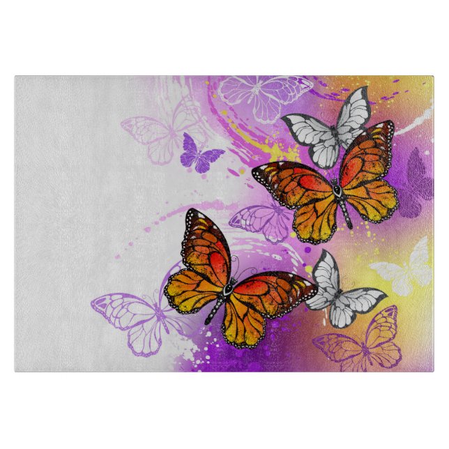 Monarch Butterflies on Purple Background Cutting Board (Front)