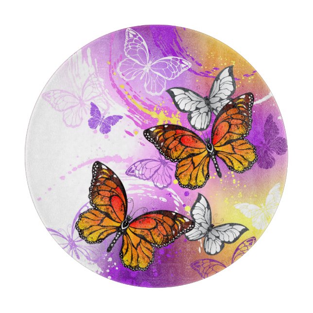 Monarch Butterflies on Purple Background Cutting Board (Front)