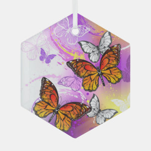 Monarch Butterflies on Purple Background Glass Tree Decoration